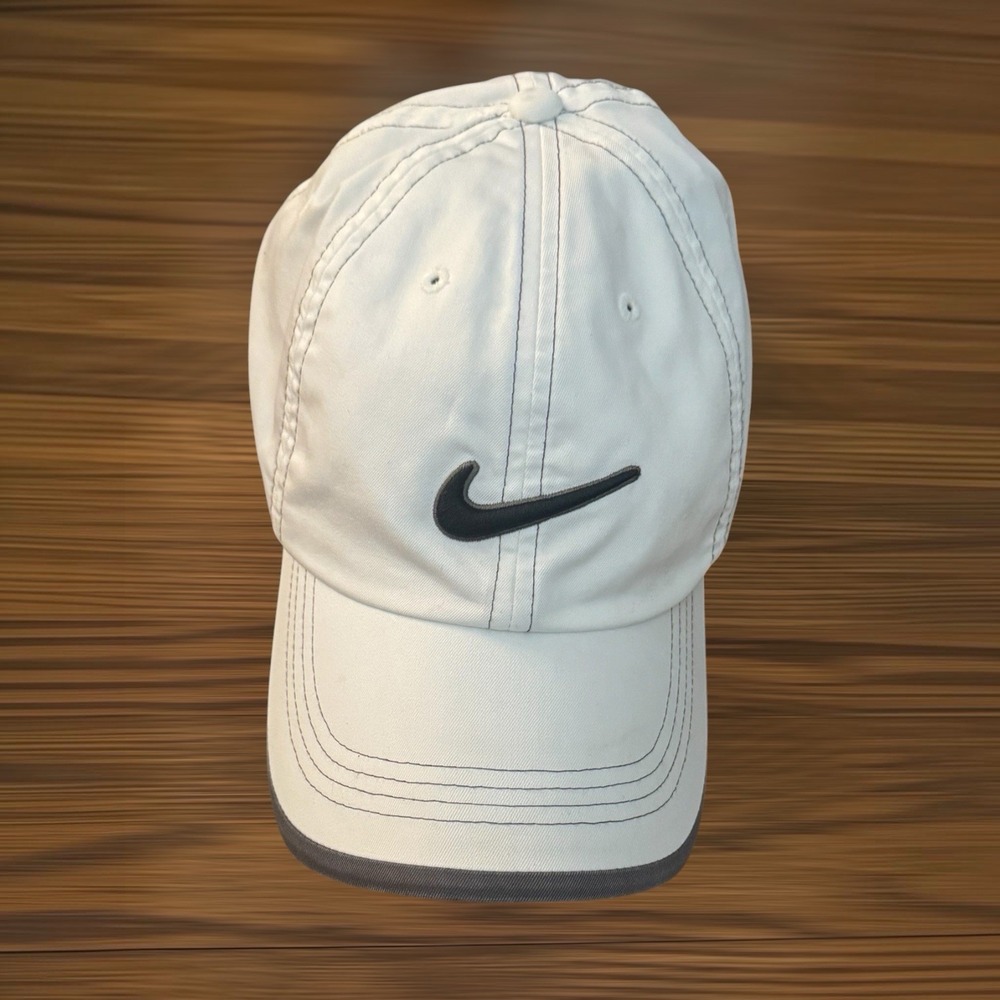 Vintage Nike Golf Hat Cap Strap Back White Blue Gray Embroidered Swoosh Logo